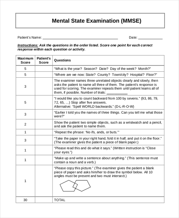 mental health examination form
