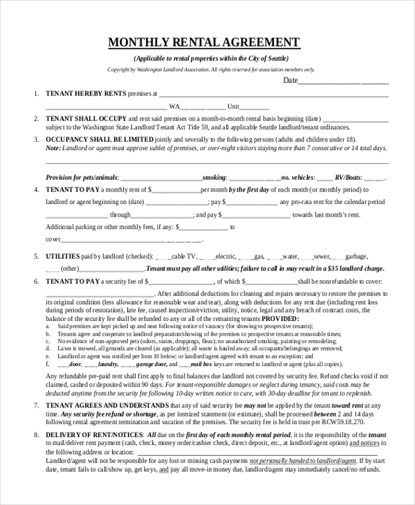monthly rental agreement form
