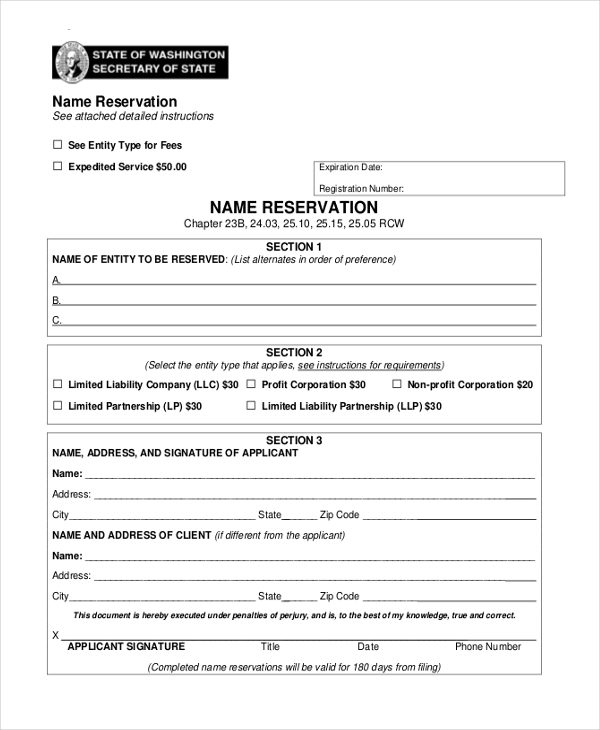 name reservation form