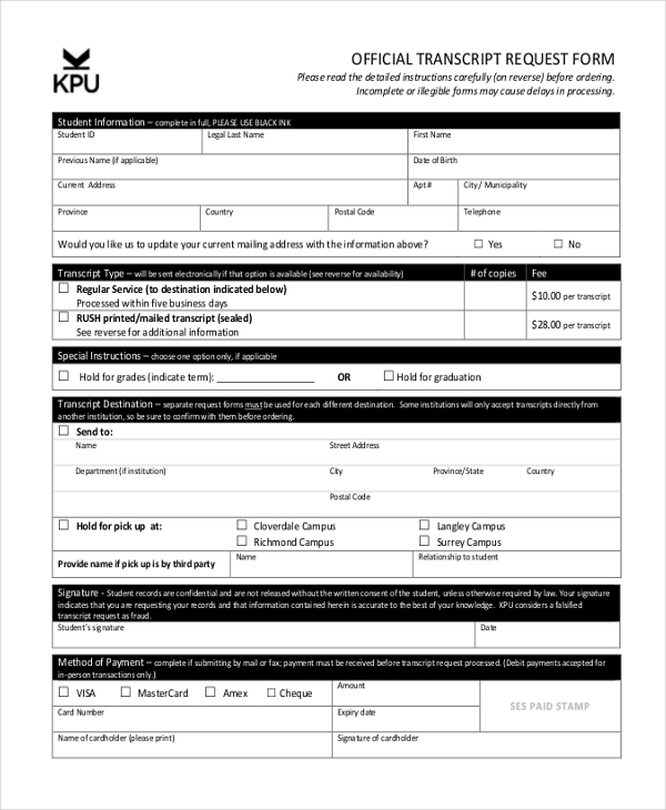 FREE 10+ Transcript Request Form Samples in PDF | MS Word | Excel