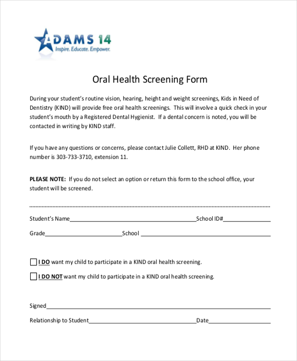 oral health screening form