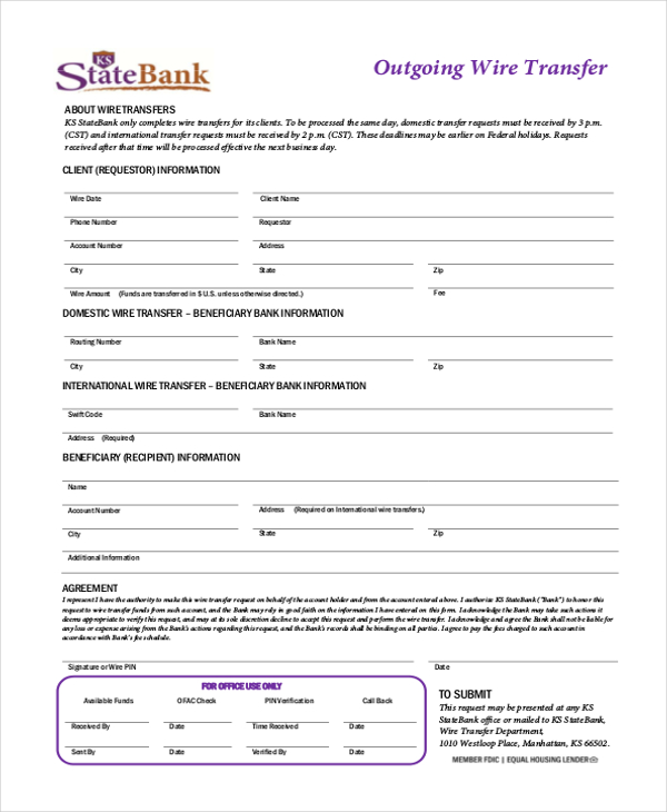 bank wire transfer form sample