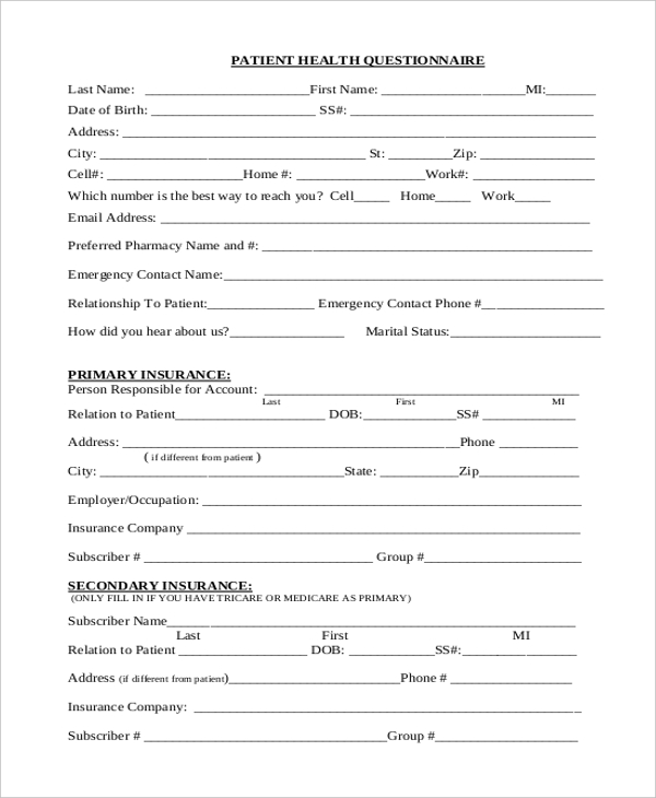 Free 10 Sample Health Questionnaire Forms In Pdf Ms Word 9150