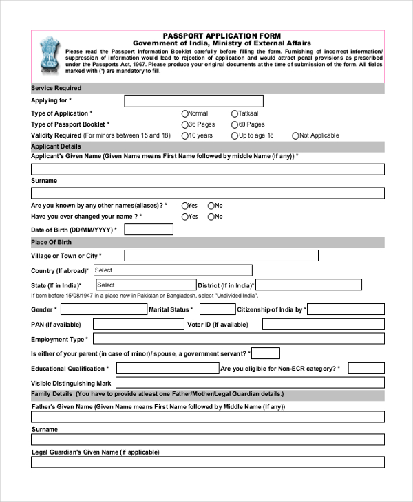 passport application form for minors