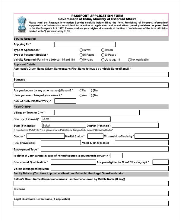 FREE 12 Sample Passport Application Forms In PDF MS Word Excel