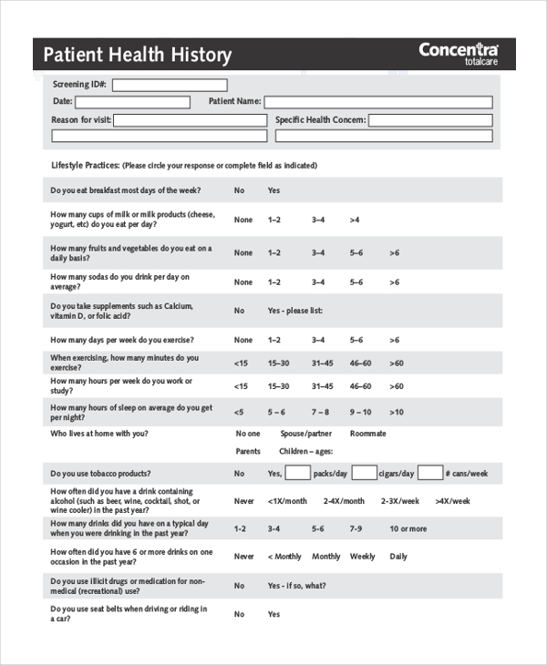 FREE 10 Sample Health History Forms