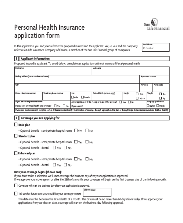 personal health insurance application form