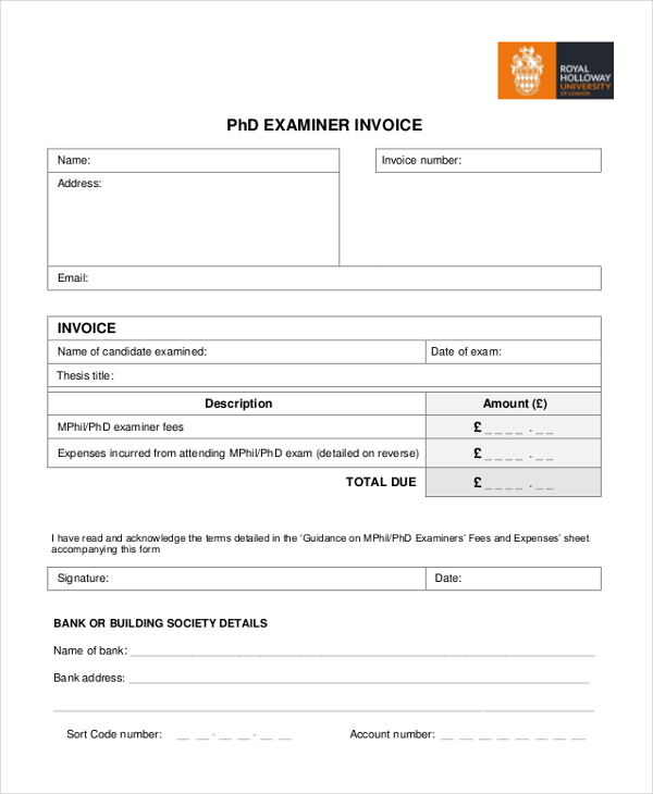 phd examiner invoice