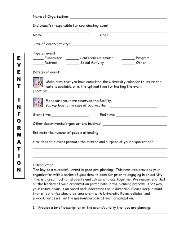 pre event planner form
