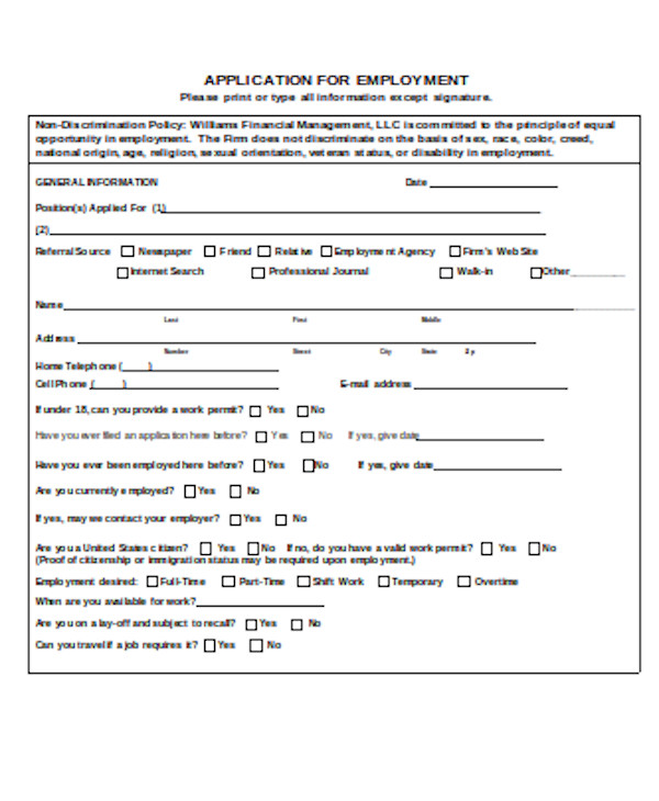 printable application for employment form