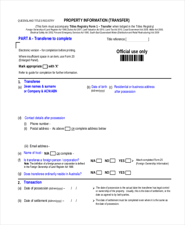 FREE 10+ Sample Property Transfer Forms in PDF Word XLS