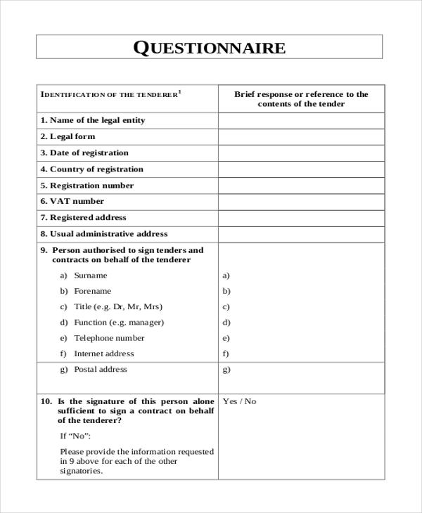 questionnaire checklist form
