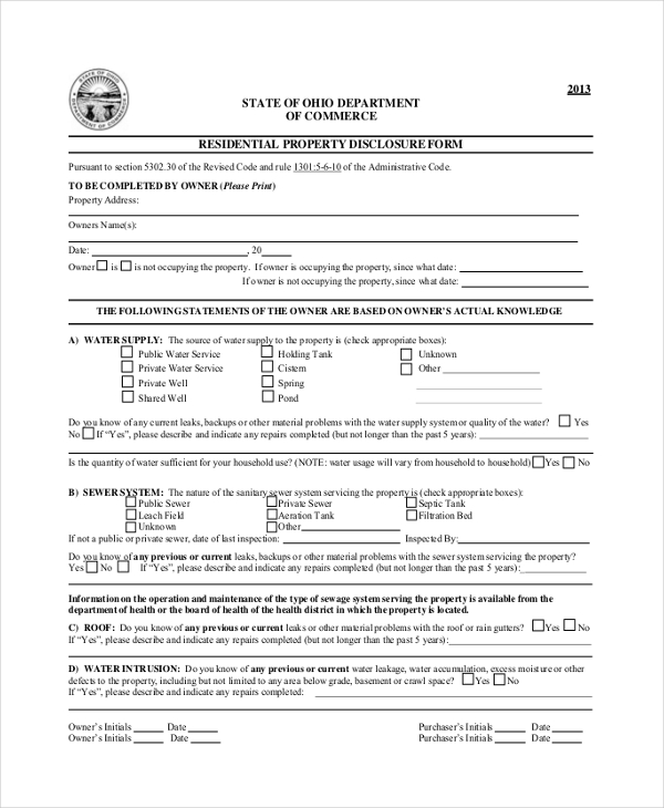 real estate property disclosure form