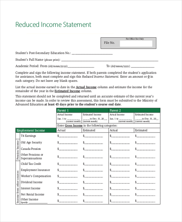 reduced income statement