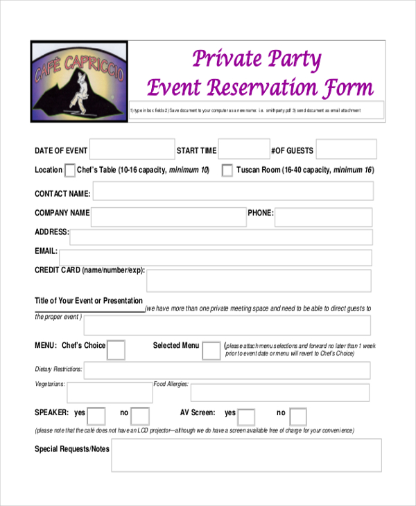 restaurant event reservation form