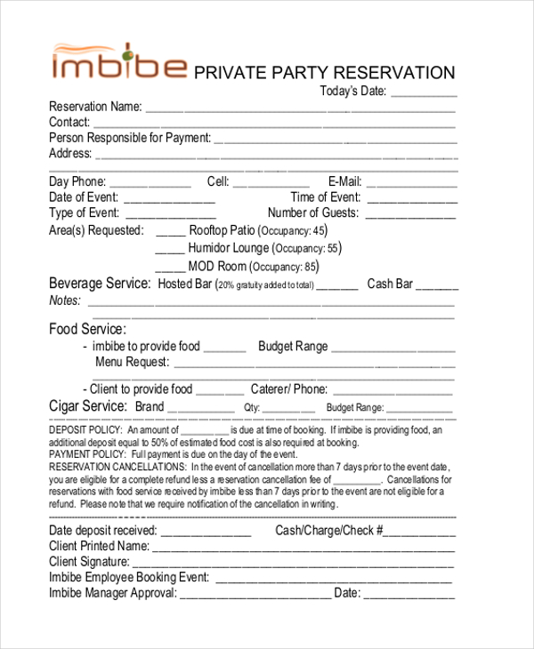 FREE 10+ Sample Restaurant Reservation Forms in PDF | MS Word