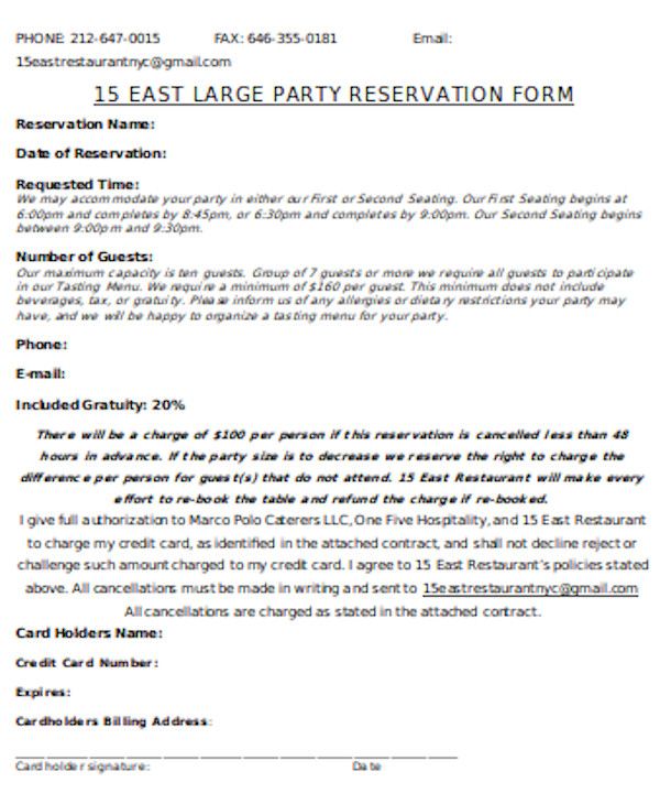 restaurant party reservation form1