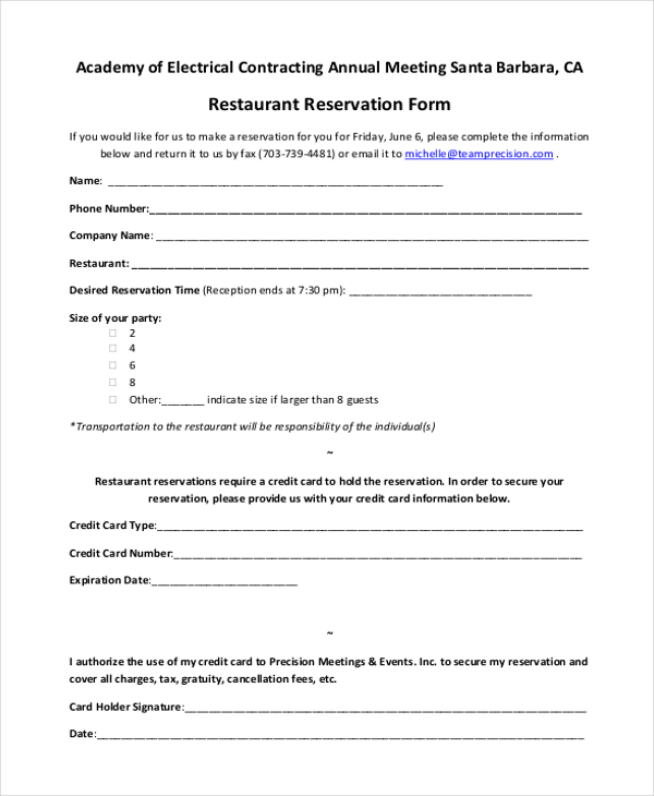 restaurant reservation form