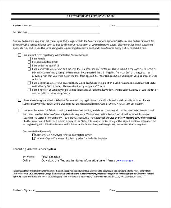 selective service resolution form