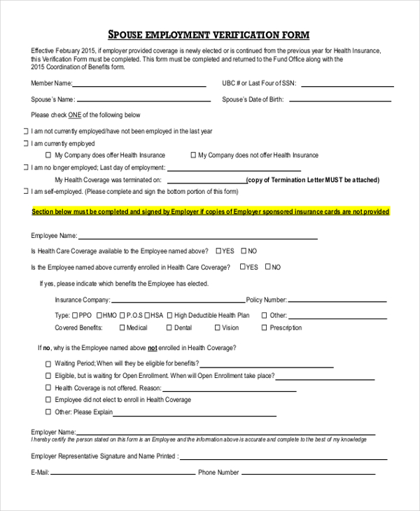 spouse employment verification form