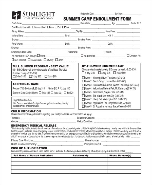 FREE 12+ Sample Summer Camp Registration Forms in PDF Excel Word