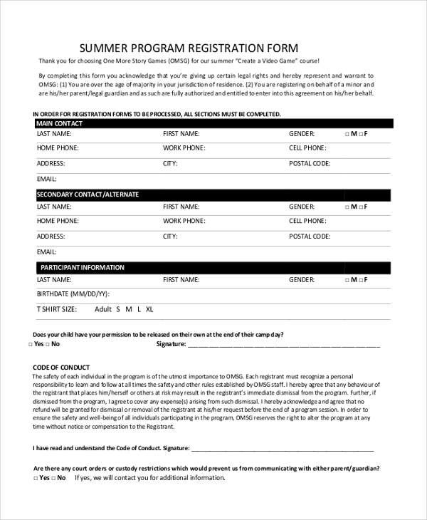 FREE 12+ Sample Summer Camp Registration Forms in PDF Excel Word