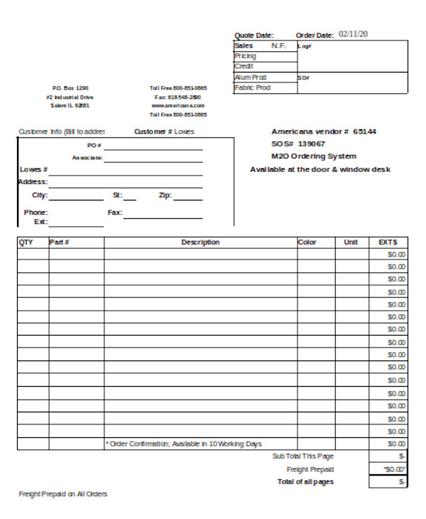 sales order form sample