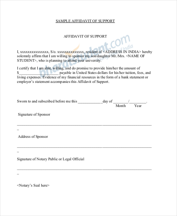 Free 11 Sample Affidavit Of Support Forms In Pdf Ms Word 9169