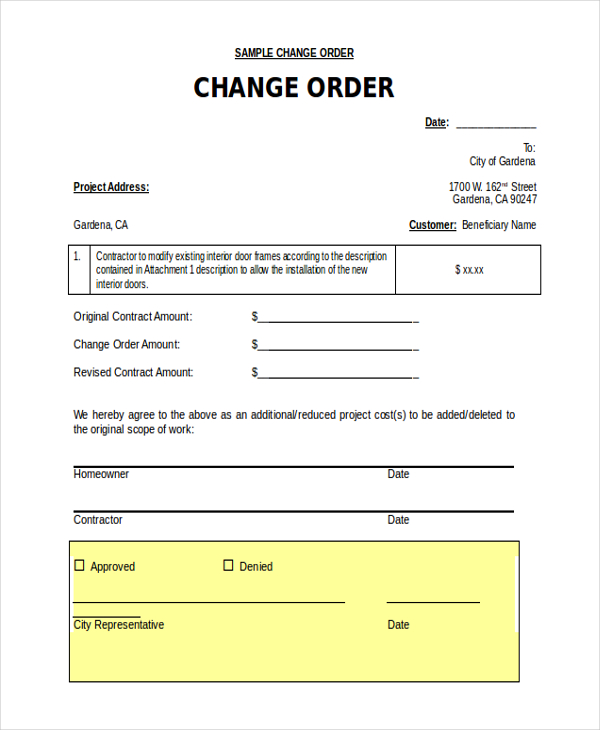 sample change order form