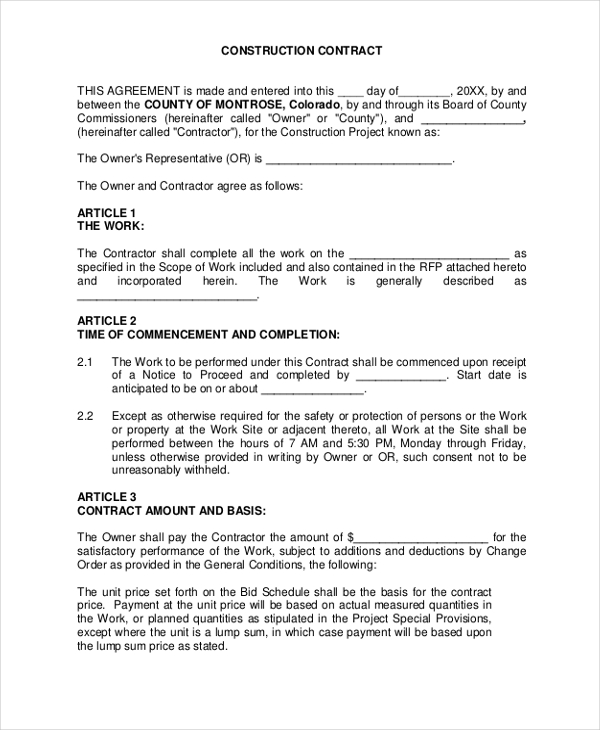 sample construction contract form