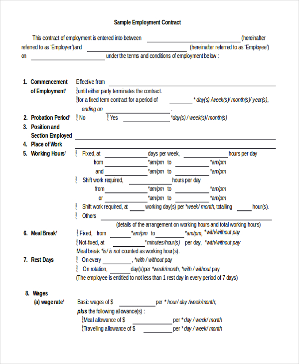 sample employee contract form