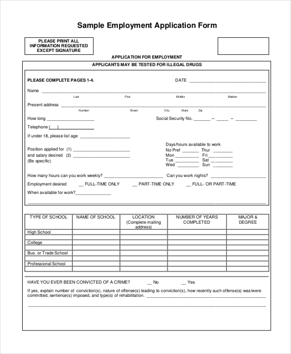 Free 12 Sample Employment Application Forms In Pdf Ms Word Excel 6368