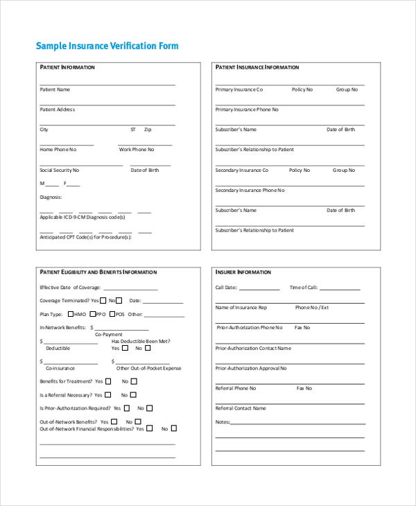 Printable Insurance Verification Form | TUTORE.ORG - Master of Documents