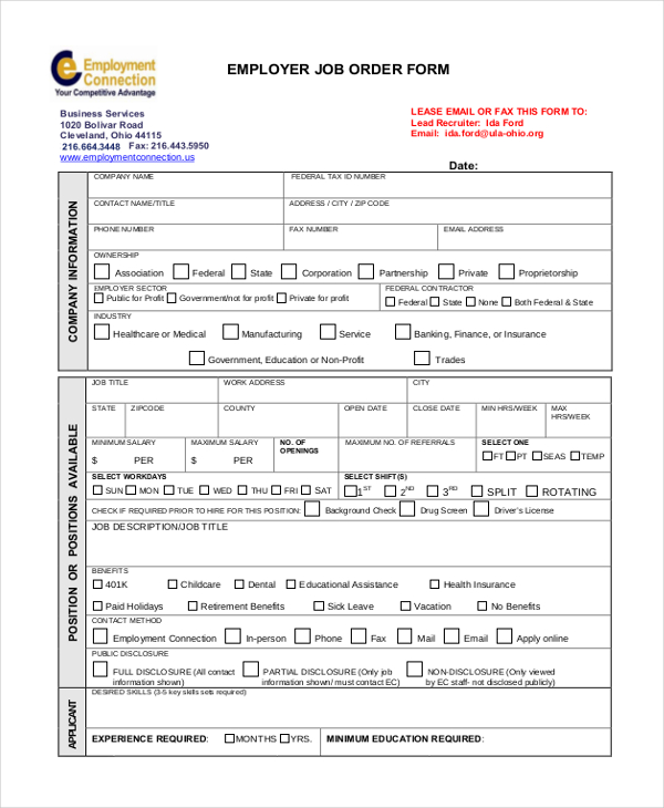 sample job order form