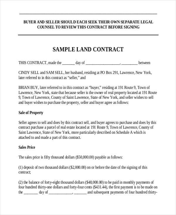 sample land contract form