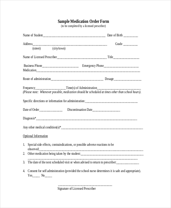 sample medication order form