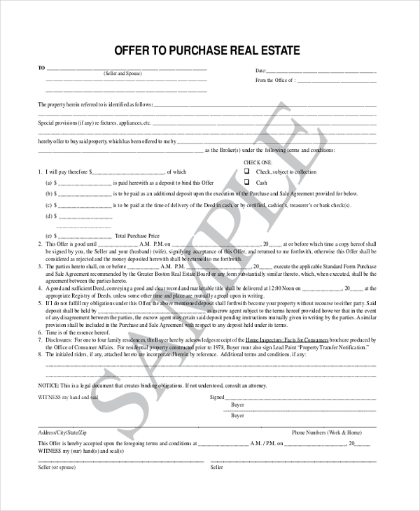 FREE 8+ Sample Offer To Purchase Real Estate Forms in PDF MS Word