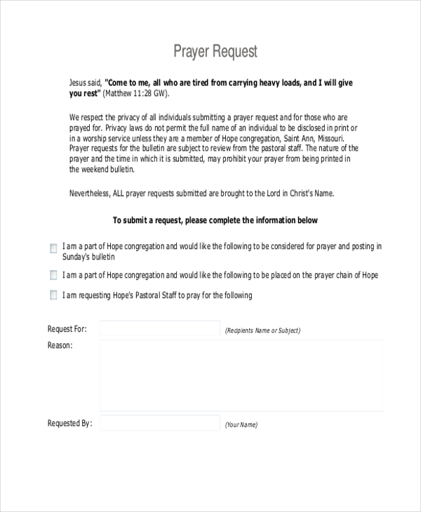 sample prayer request form