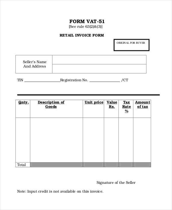 sample retail invoice form