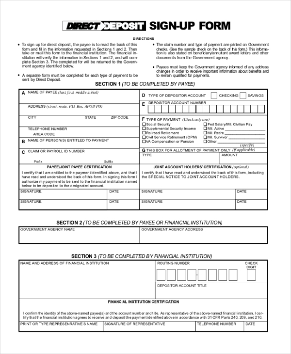 sample social security direct deposit form