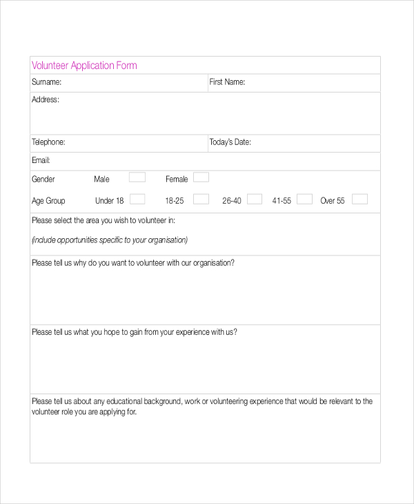 sample volunteer application form