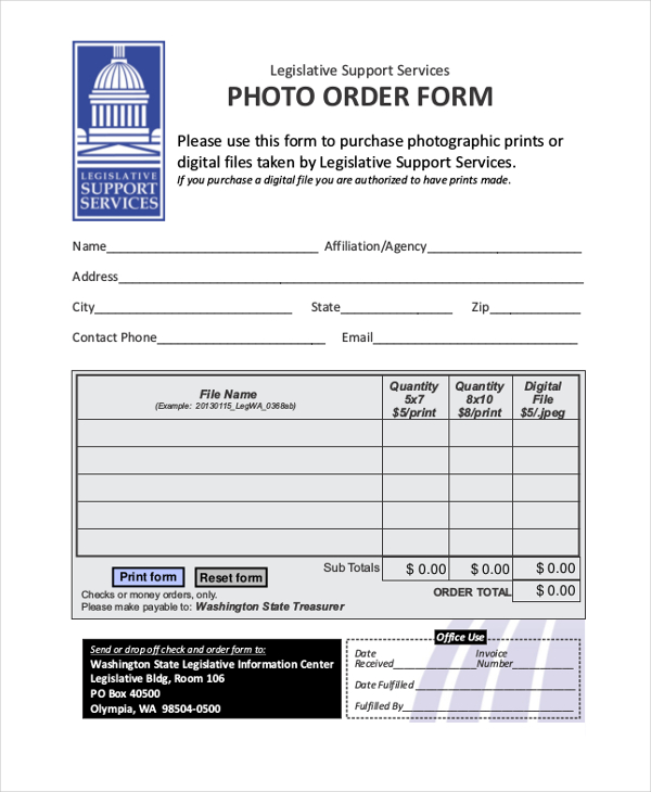 sample photo order form