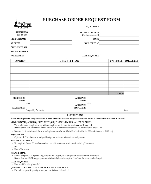 sample purchase order request form