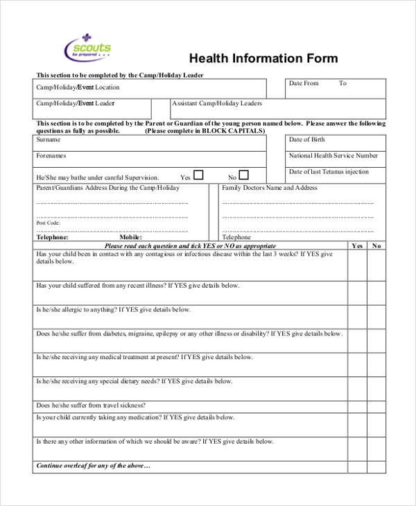 scout activity health form