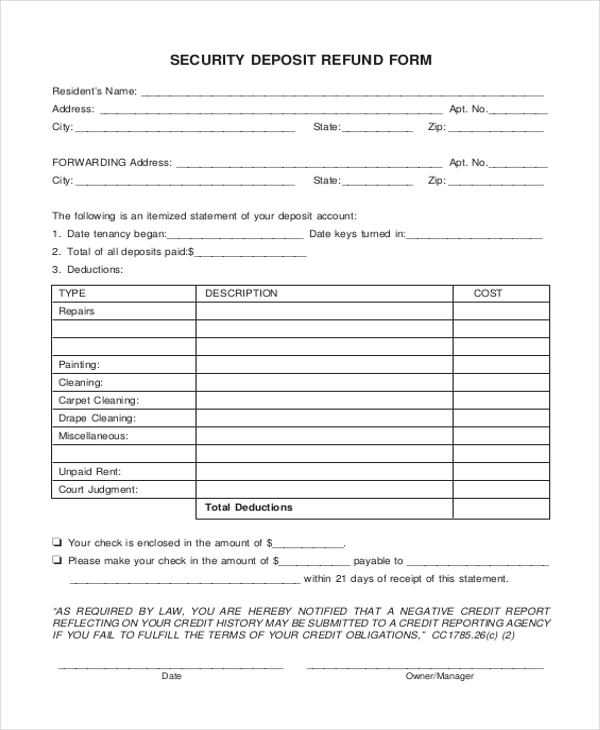 refund letter agreement Security Deposit in  Sample Documents Refund Form Free 8  PDF