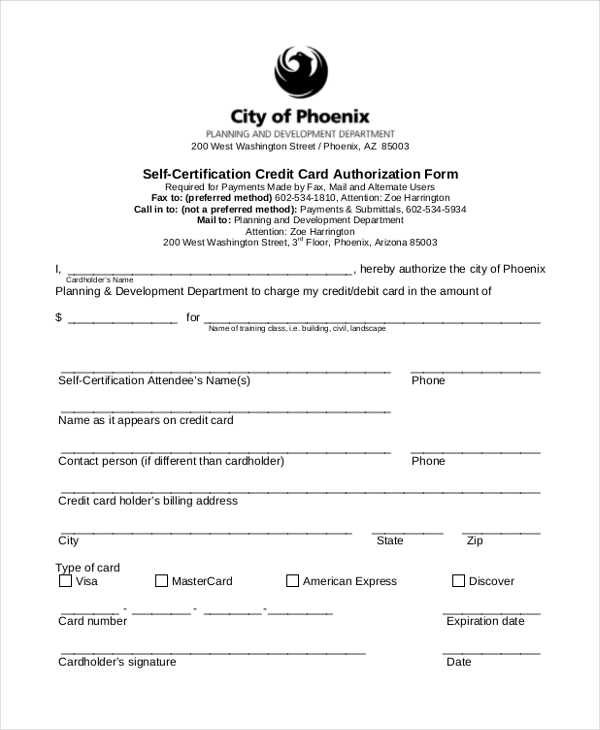 self certification credit card authorization form