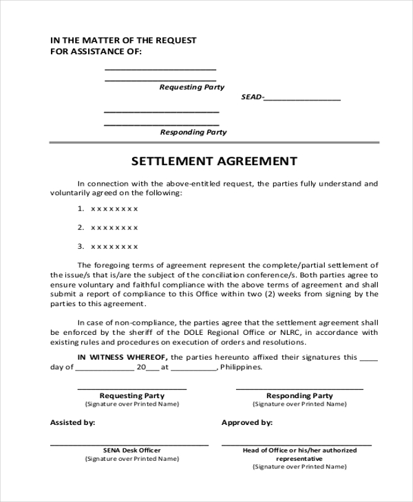 settlement agreement form