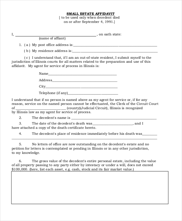 Free 9 Small Estate Affidavit Form Samples In Pdf Ms Word