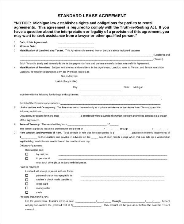 standard lease agreement form