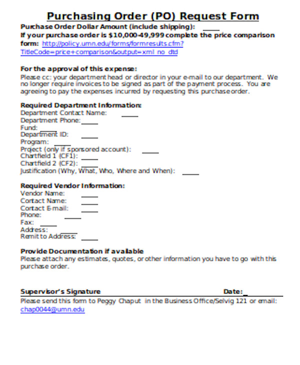 standard purchase order request form